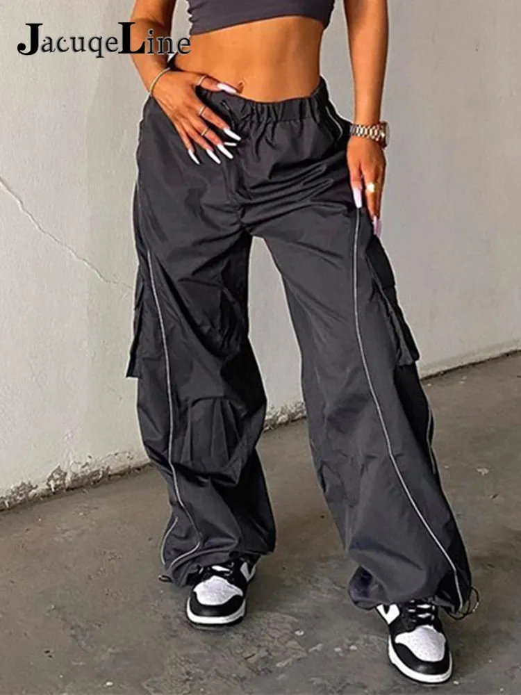 Wenkouban  2022 Loose Wide Leg Baggy Pants Women Hippie Casual Streetwear Low Waist Cargo Trousers Contrast Stitching Sweatpants